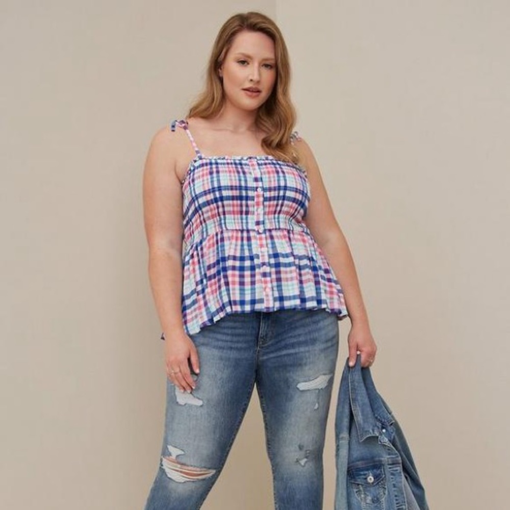 Peplum Smocked Bodice Cami - Crinkle Gauze Plaid White